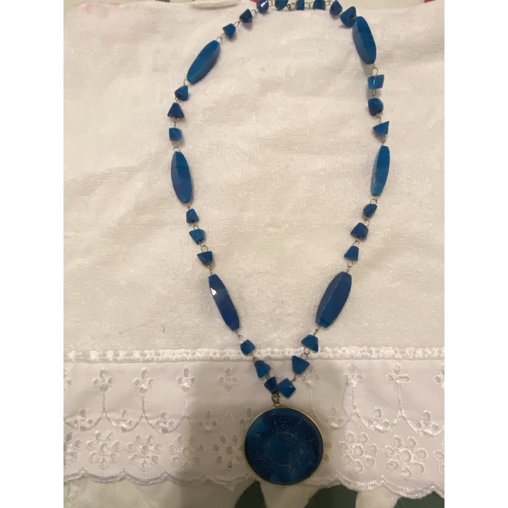 Vintage Mexican Blue Aztec Mayan Sun Dial Carved Gemstone Large Pendant Necklace